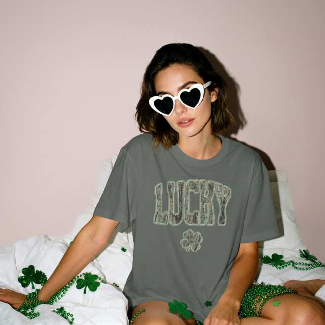 Lucky Camo Shamrock Graphic Tee – Vintage St. Patrick’s Day Shirt